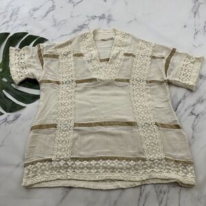 Soft Surroundings Saturday Stroll Tunic Top Size L Cream Tan Crochet Trim Boho